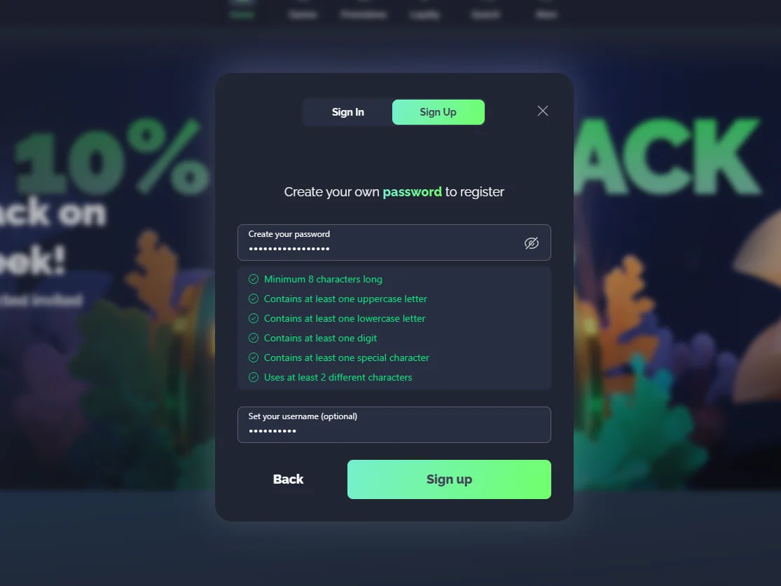 Password creation screen listing character requirements and an optional username field